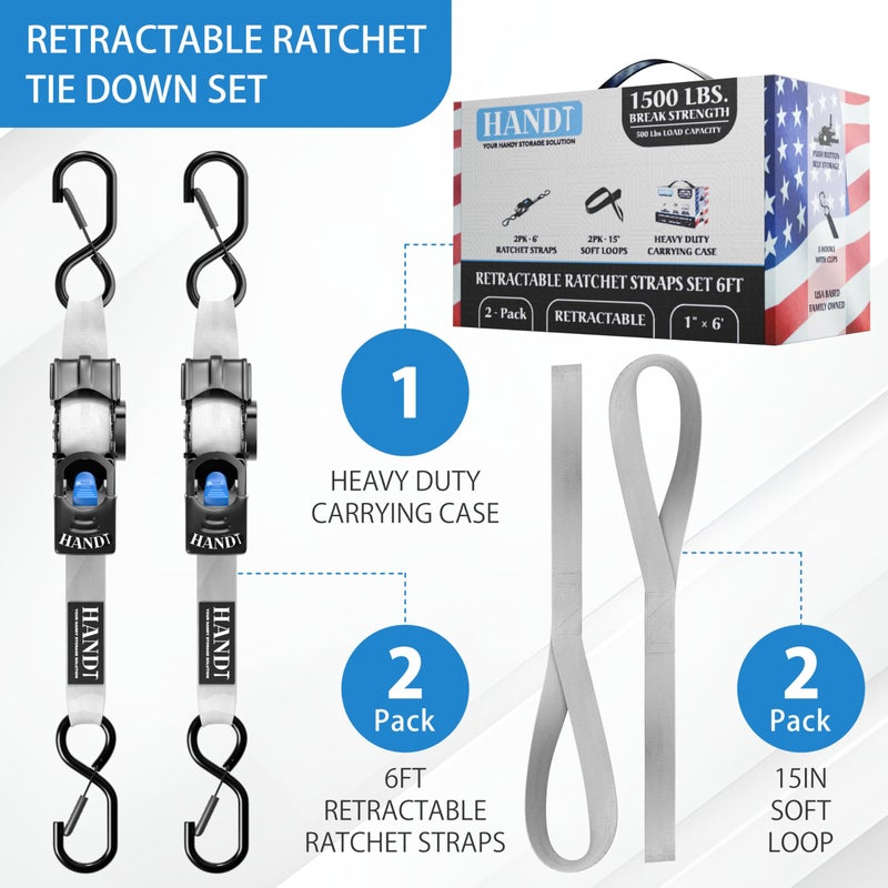 HandT USA Based Retractable Ratchet Straps (2PK) 1in x 6ft - 1 500lb Break Strength  Heavy Duty Automatic Ratchet Straps Self Retractable Tie Down  Push Button Retracting Truck Trailer Cargo | Gray - Image 4